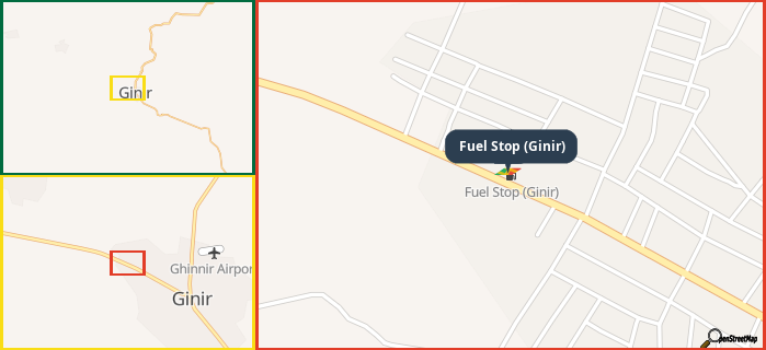 Map showing the address of Fuel Stop (Ginir) in three different zoom levels.