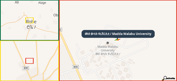Map showing the address of መደ ወላቡ ዩኒቨርሲቲ / Madda Walabu University in three different zoom levels.