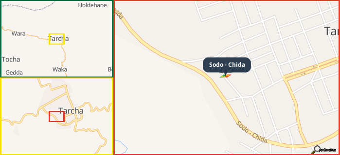 Map showing the address of Sodo - Chida in three different zoom levels.