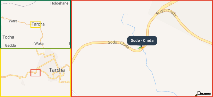 Map showing the address of Sodo - Chida in three different zoom levels.