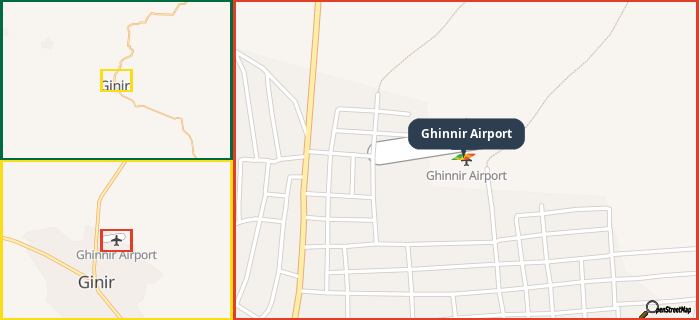 Map showing the address of Ghinnir Airport in three different zoom levels.