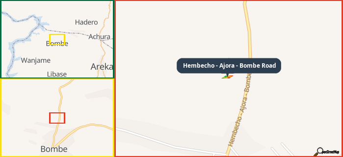 Map showing the address of Hembecho - Ajora - Bombe Road in three different zoom levels.