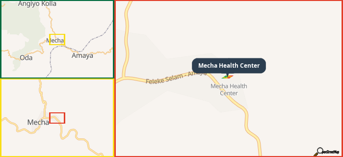 Map showing the address of Mecha Health Center in three different zoom levels.