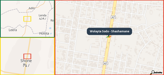Map showing the address of Wolayta Sodo - Shashamane in three different zoom levels.