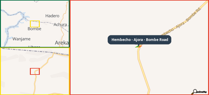 Map showing the address of Hembecho - Ajora - Bombe Road in three different zoom levels.