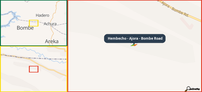 Map showing the address of Hembecho - Ajora - Bombe Road in three different zoom levels.