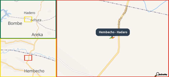 Map showing the address of Hembecho - Hadaro in three different zoom levels.