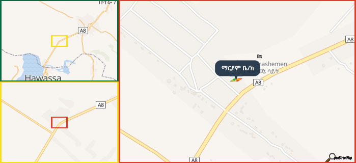 Map showing the address of ማርያም ቤ/ክ in three different zoom levels.