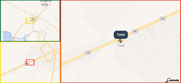 Map showing the address of Total in three different zoom levels.