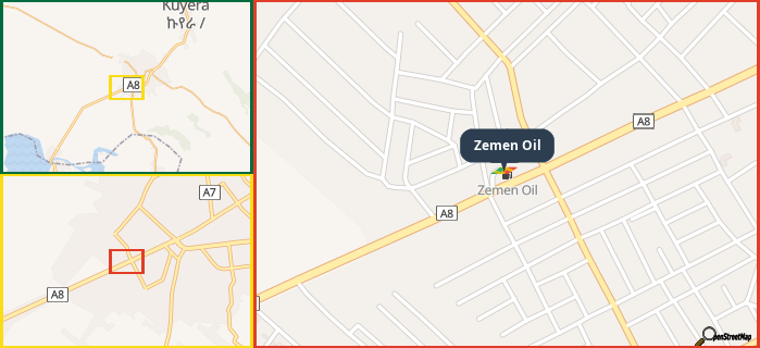 Map showing the address of Zemen Oil in three different zoom levels.