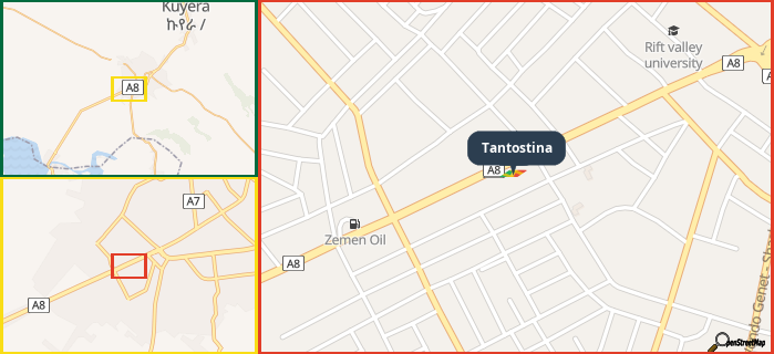 Map showing the address of Tantostina in three different zoom levels.