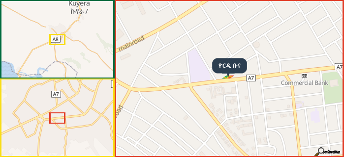Map showing the address of ዮርዲ ቡና in three different zoom levels.