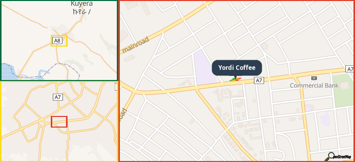 Map showing the address of Yordi Coffee in three different zoom levels.