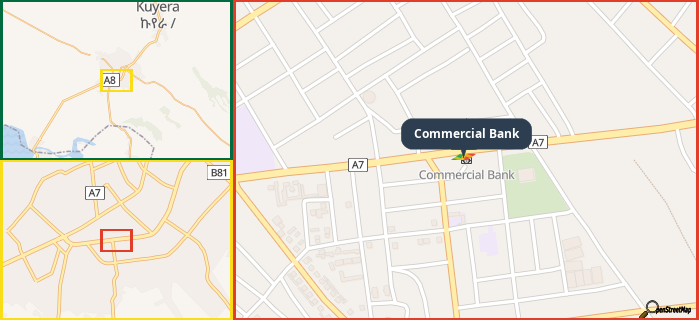 Map showing the address of Commercial Bank in three different zoom levels.