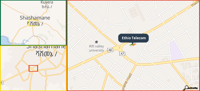 Map showing the address of Ethio Telecom in three different zoom levels.