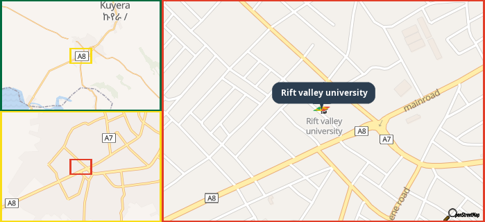 Map showing the address of Rift valley university in three different zoom levels.