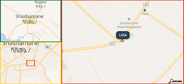 Map showing the address of LVIA in three different zoom levels.