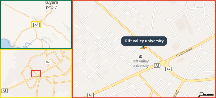 Map showing the address of Rift valley university in three different zoom levels.