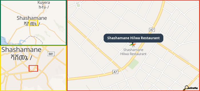 Map showing the address of Shashamane Hilwa Restaurant in three different zoom levels.