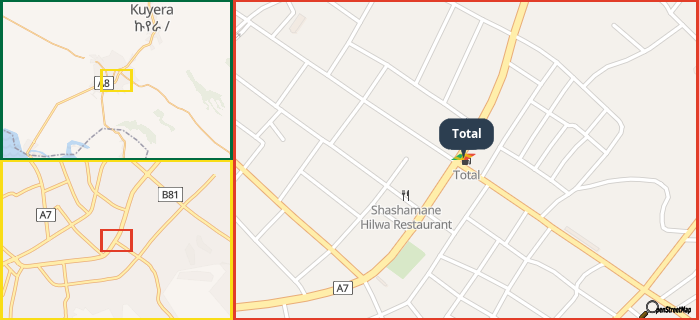 Map showing the address of Total in three different zoom levels.