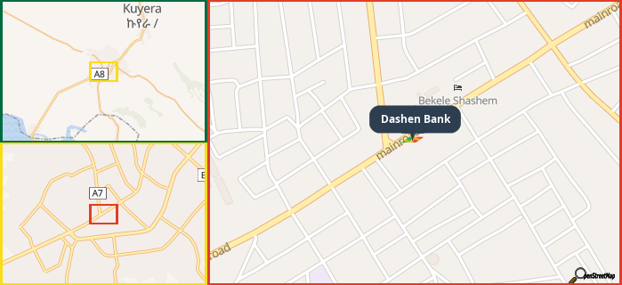 Map showing the address of Dashen Bank in three different zoom levels.