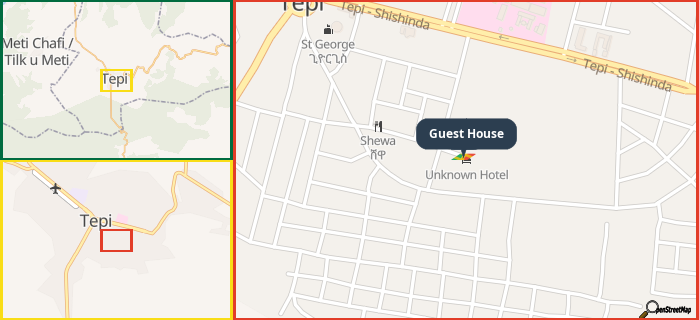 Map showing the address of Guest House in three different zoom levels.