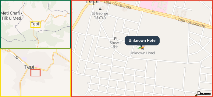 Map showing the address of Unknown Hotel in three different zoom levels.