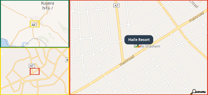 Map showing the address of Haile Resort in three different zoom levels.