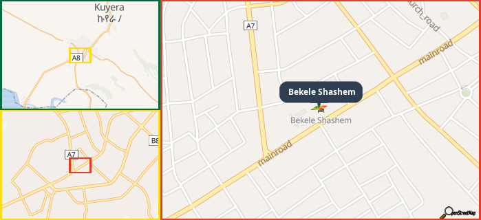 Map showing the address of Bekele Shashem in three different zoom levels.