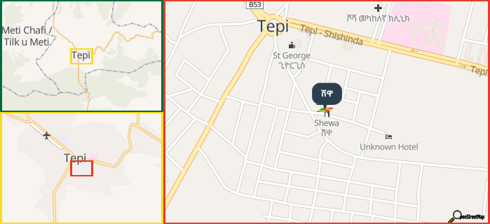 Map showing the address of ሸዋ in three different zoom levels.