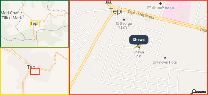 Map showing the address of Shewa in three different zoom levels.