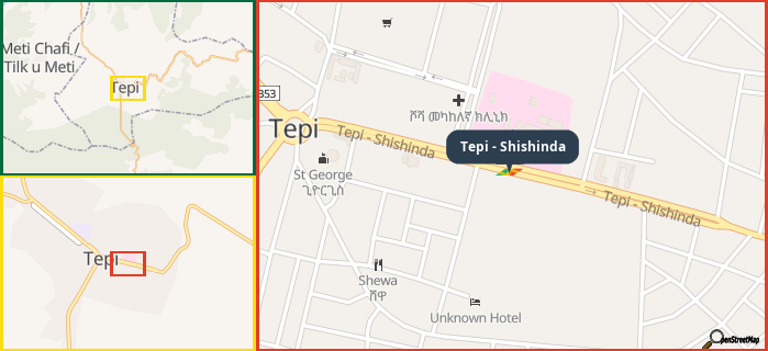 Map showing the address of Tepi - Shishinda in three different zoom levels.