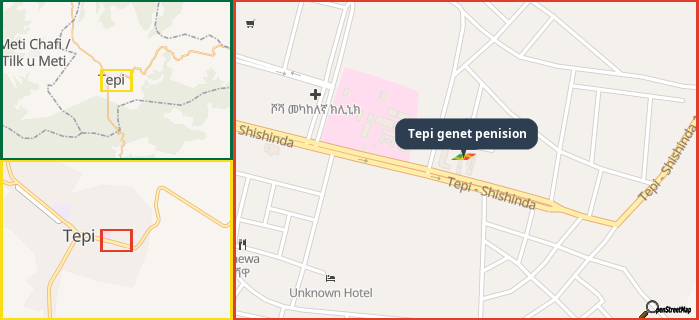 Map showing the address of Tepi genet penision in three different zoom levels.