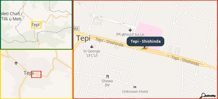 Map showing the address of Tepi - Shishinda in three different zoom levels.