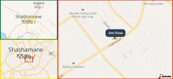 Map showing the address of Emi Pizsa in three different zoom levels.