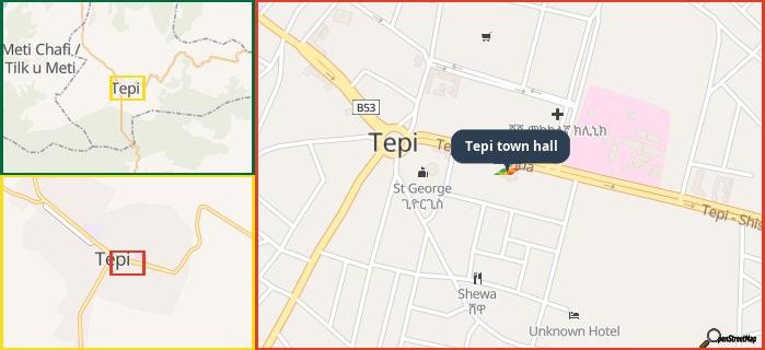 Map showing the address of Tepi town hall in three different zoom levels.