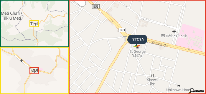 Map showing the address of ጊዮርጊስ in three different zoom levels.