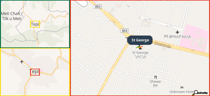 Map showing the address of St George in three different zoom levels.