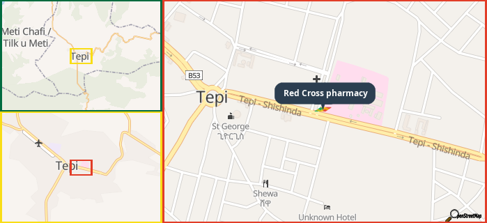 Map showing the address of Red Cross pharmacy in three different zoom levels.