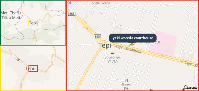 Map showing the address of yeki woreda courthouse in three different zoom levels.