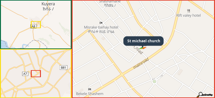 Map showing the address of St michael church in three different zoom levels.
