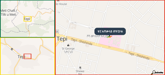 Map showing the address of ቴፒ አጠቃላይ ሆስፒታል in three different zoom levels.