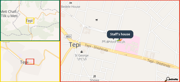 Map showing the address of Staff's house in three different zoom levels.