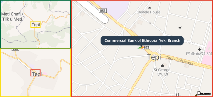 Map showing the address of Commercial Bank of Ethiopia  Yeki Branch in three different zoom levels.