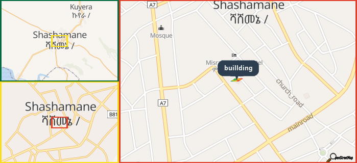 Map showing the address of buillding in three different zoom levels.