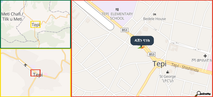 Map showing the address of ዳሽን ባንክ in three different zoom levels.