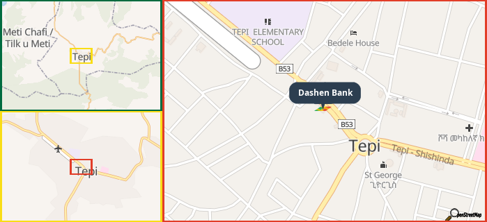 Map showing the address of Dashen Bank in three different zoom levels.