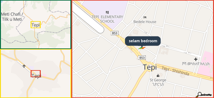 Map showing the address of selam bedroom in three different zoom levels.