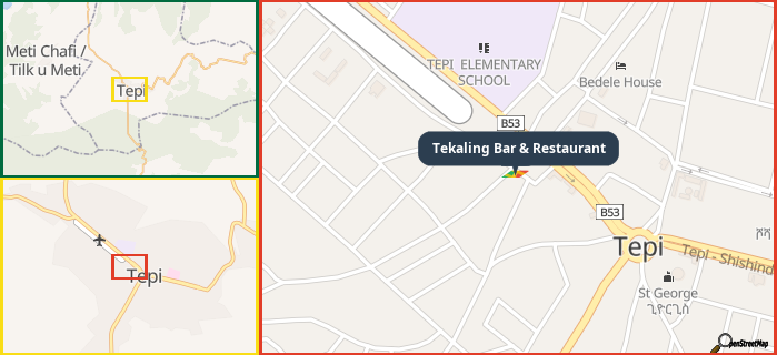Map showing the address of Tekaling Bar & Restaurant in three different zoom levels.
