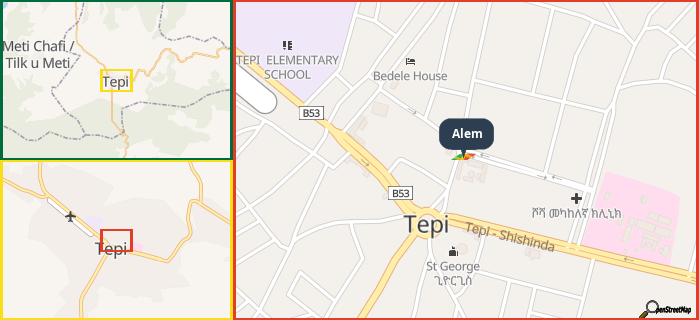 Map showing the address of Alem in three different zoom levels.